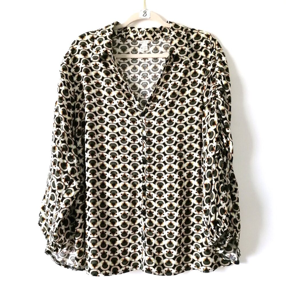 Cato Womens Multicolor Ruched Sleeve V Neck Geometric Blouse Top Size 22/24W